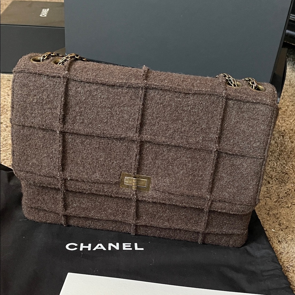 Chanel Chocolate Bar Mademoiselle Brown Flap Bag Quilted Wool Jumbo